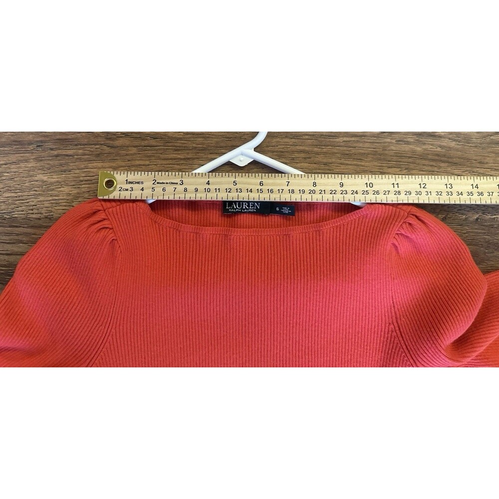 Lauren Ralph Lauren Red/Orange Ribbed Puff Sleeve Knit Top Size Small - Picture 7 of 8